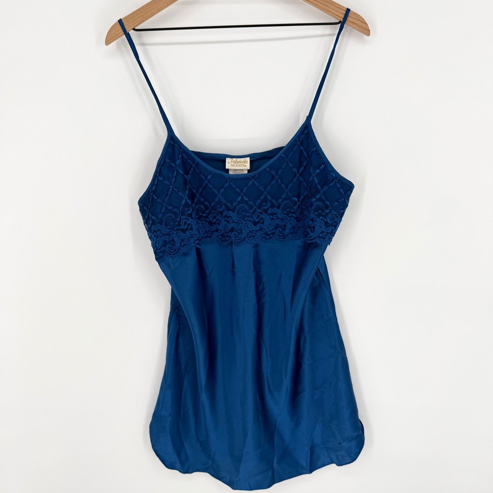 VTG 90s‎ Intimate Moods  Sapphire Blue Satin & Lace Nightie Chemise L Babydoll